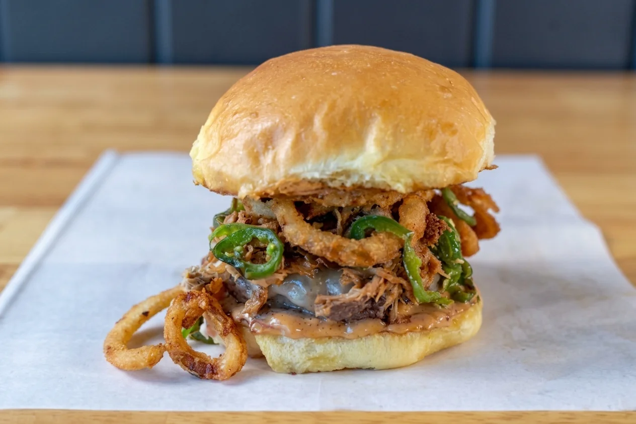 Grand Rodeo signature burger with onion rings and bacon